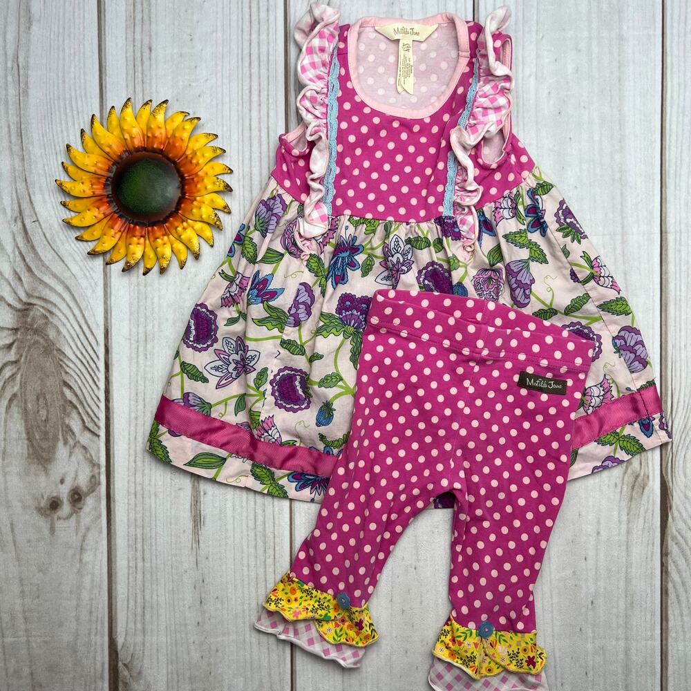 Matilda Jane Girls Dress & Leggings Set 12-18 Months Pink Floral Outfit